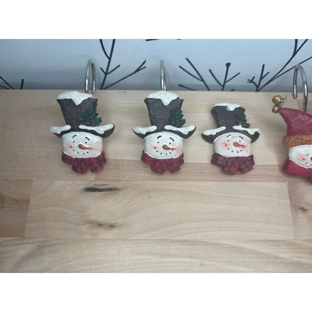 Vintage Snowman Shower Curtain Hooks Set of 12 Christmas Holiday Resin Decor